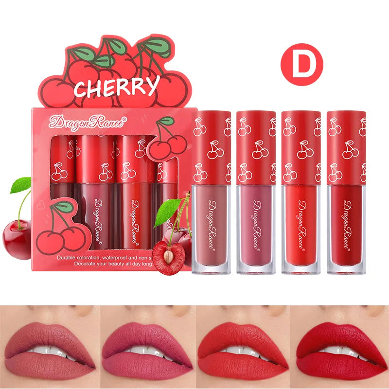 Set de 4 brillos labiales mate aterciopelados | Duraderos, antiadherentes, ligeros y suaves