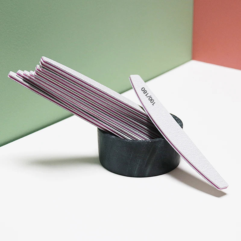 Lima de uñas profesional de media luna de grano 100/180: pulidora de doble cara para uñas lisas y brillantes.