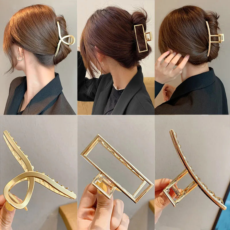 Elegante pinza para el pelo de metal con diseño geométrico: dorada y plateada