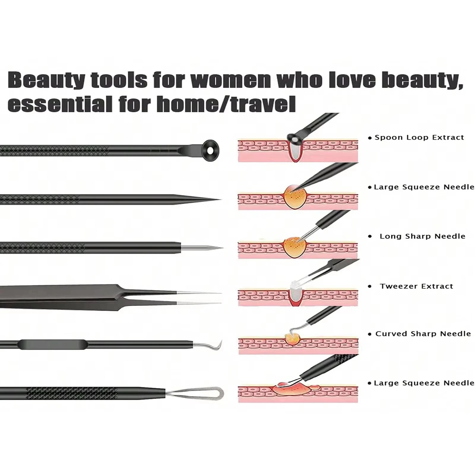 Kit de 6 herramientas para eliminar puntos negros y espinillas: extractor de acné y comedones